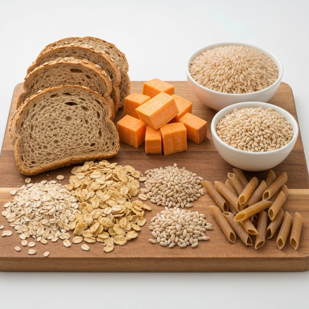 Diverse carbohydrate sources on wooden board including whole grain bread, brown rice, sweet potato, oats and barley