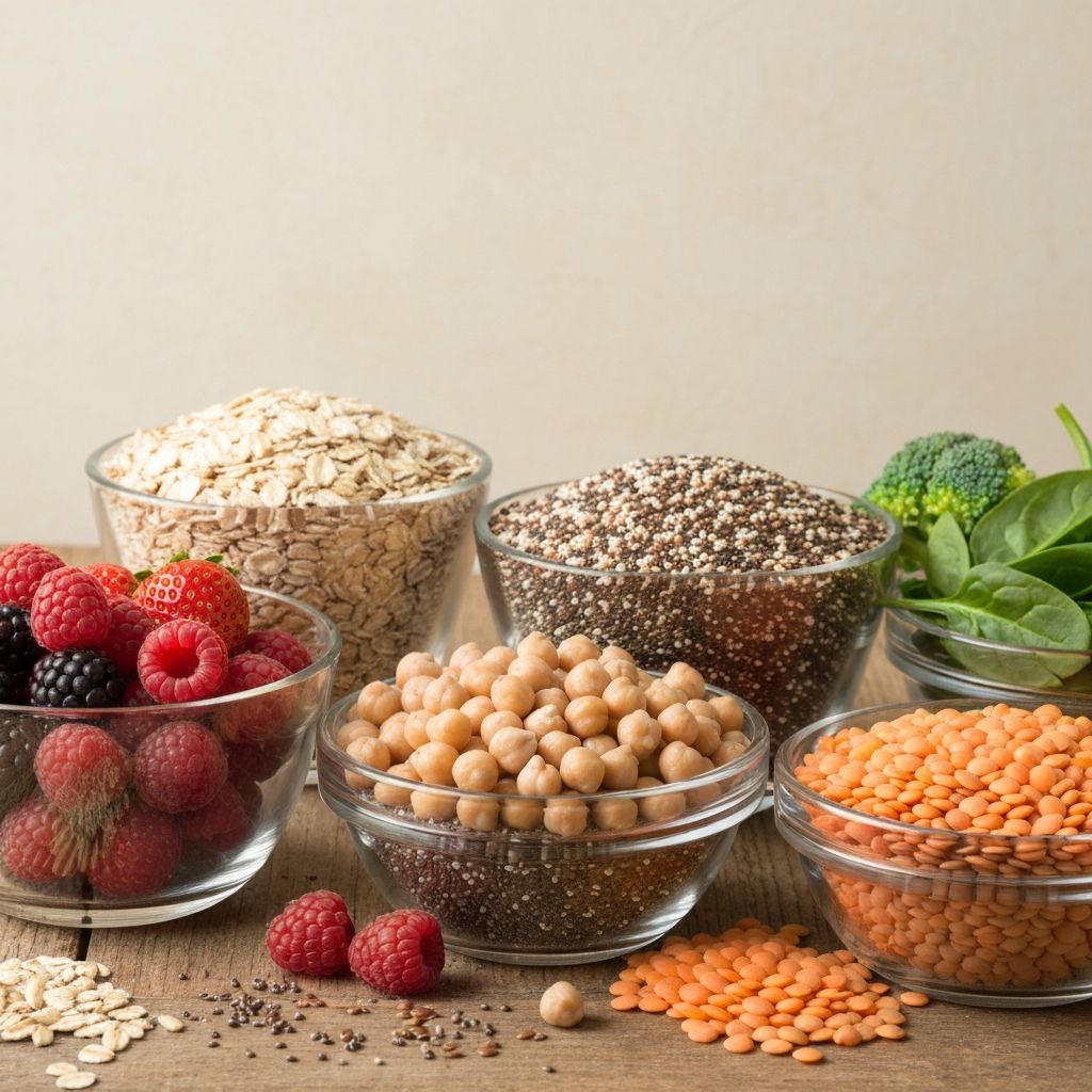 Fiber-rich foods in glass bowls and on surface: whole grains, oats, berries, green vegetables, legumes and seeds
