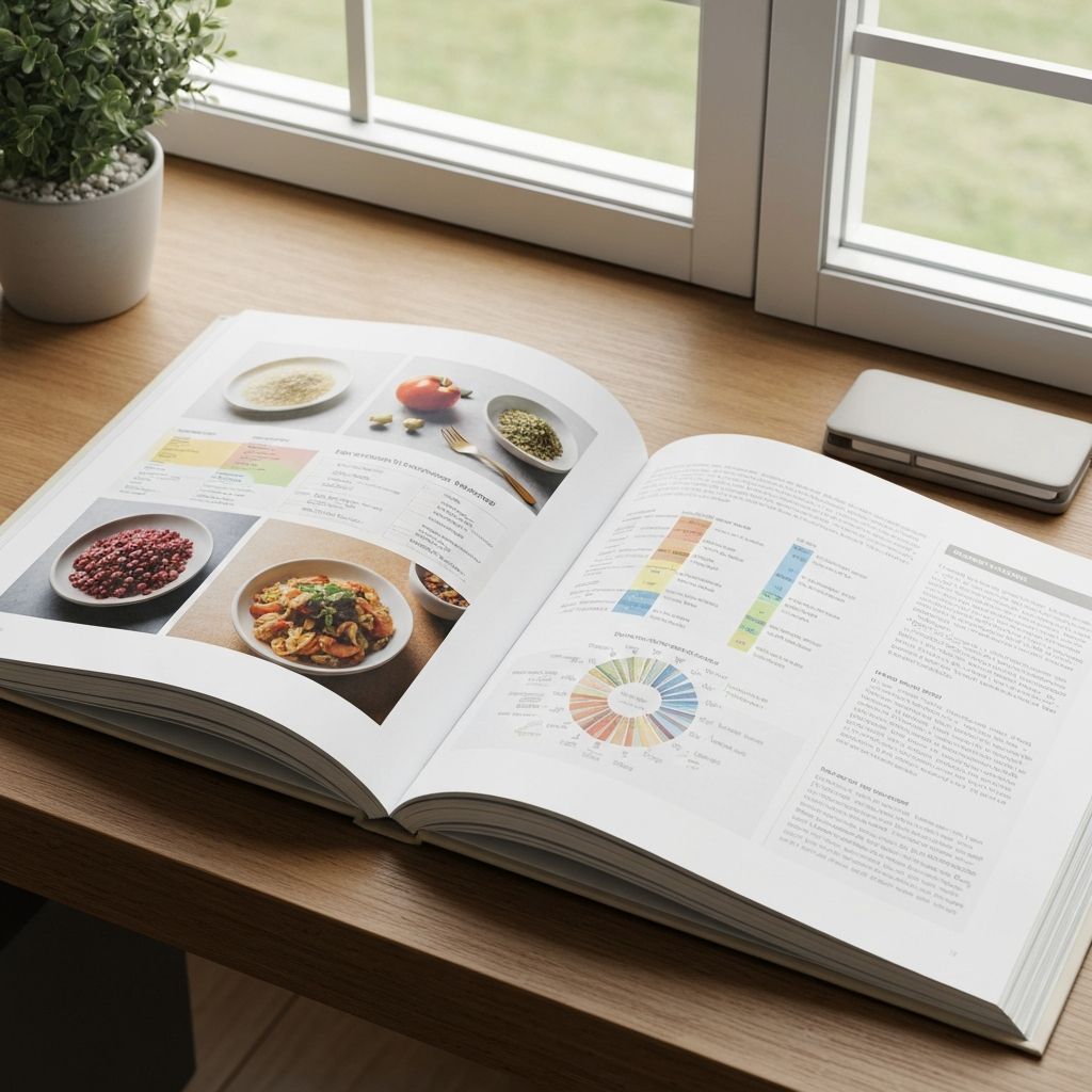Open reference book and nutritional materials on desk emphasizing evidence-based content review in natural daylight