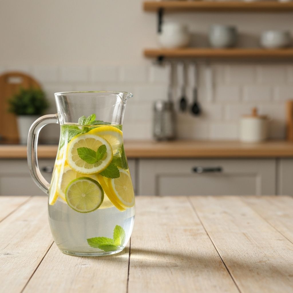 Glass pitcher filled with infused water containing citrus slices and fresh herbs on light wooden table