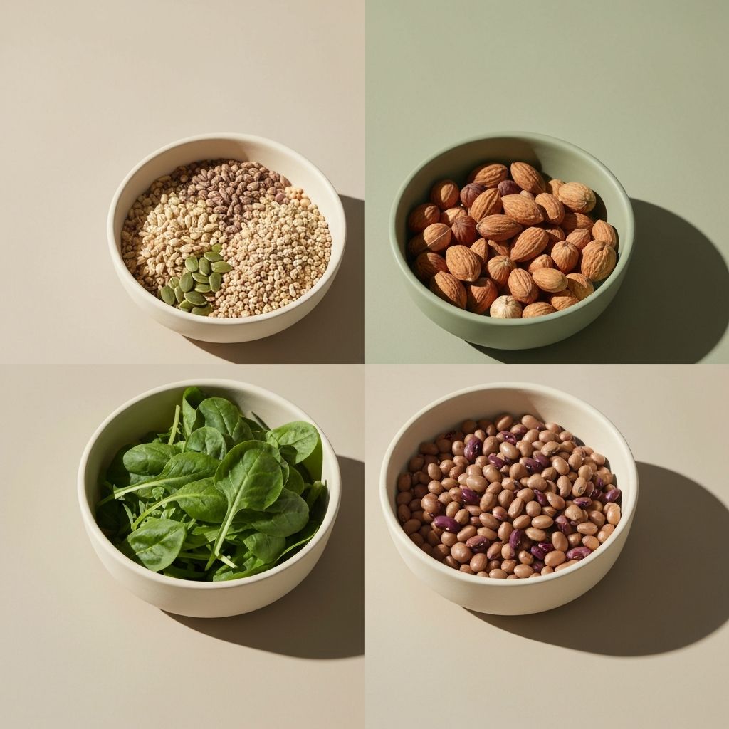 Four ceramic bowls containing different nutrient sources: grains, nuts, vegetables, and legumes arranged on neutral background